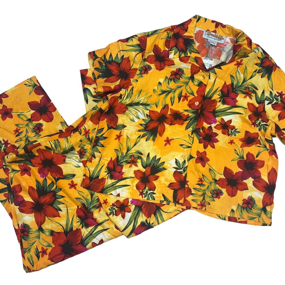 Vintage Womens Honolulu Lulu 2 Pc Lounge Set Yellow Floral Size XL 10 Silk New